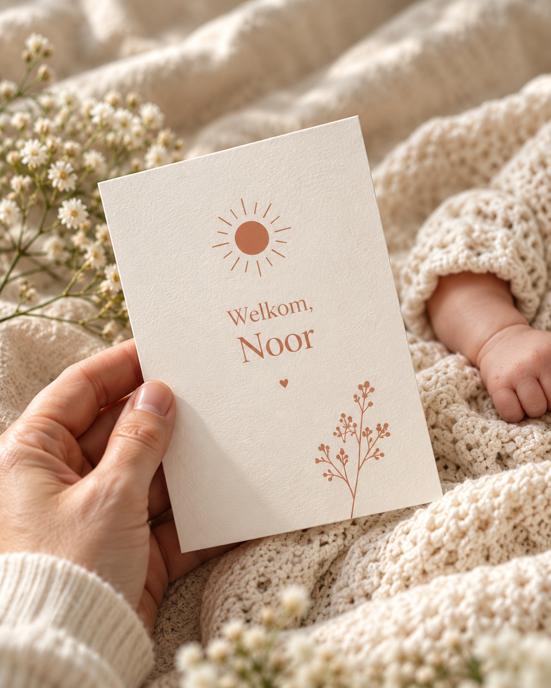Een geboortekaart bij een zacht babydekentje